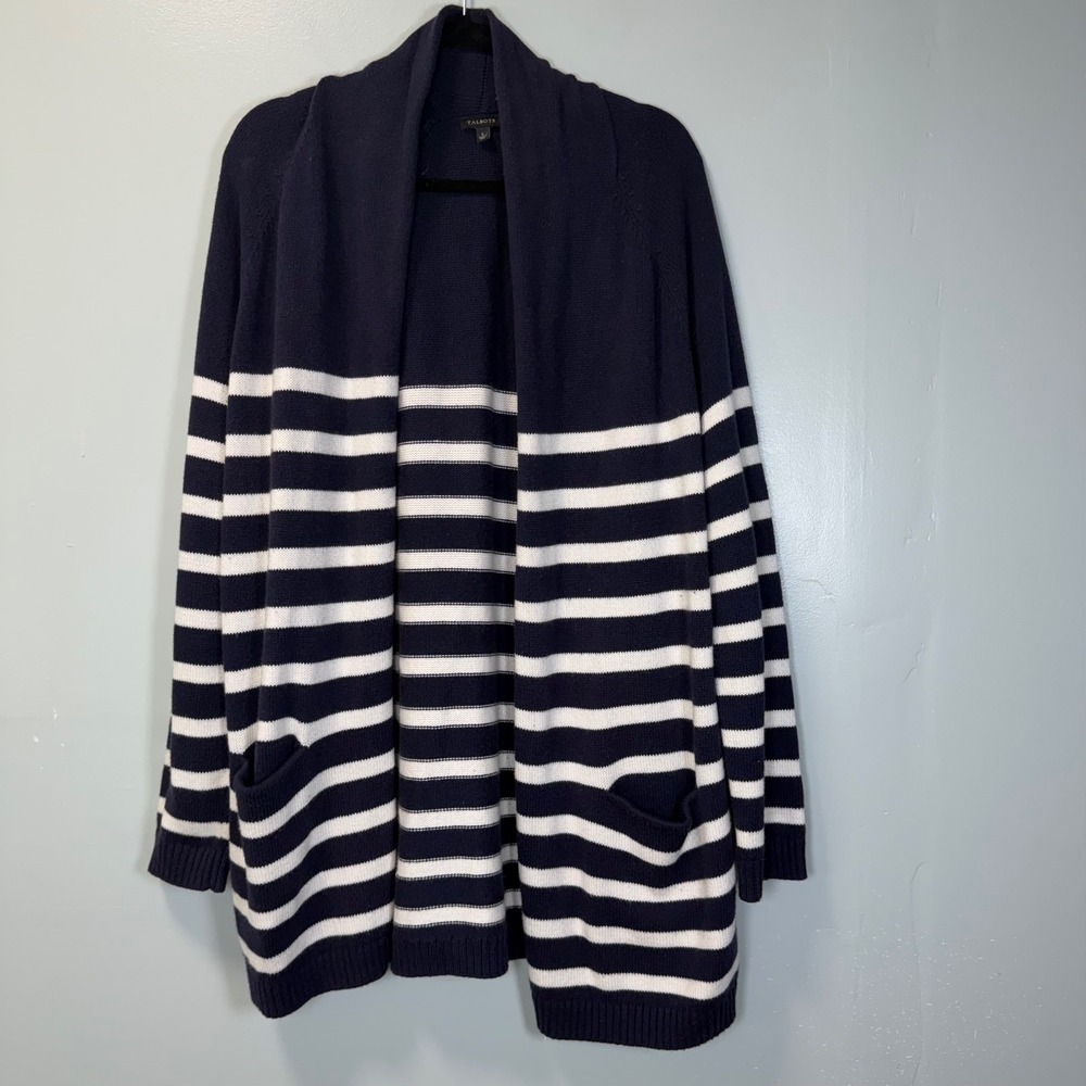 Talbots Womens Navy Blue White Striped Cotton Cashmere Cardigan Sweater Large‎ L